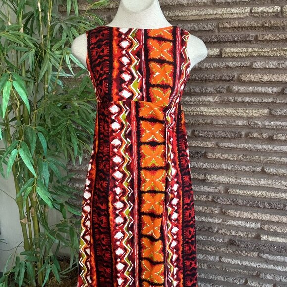 Ui-Maikai Hawaiian Vintage Orange Tribal Print Barkcloth Maxi Dress XS - Picture 7 of 8